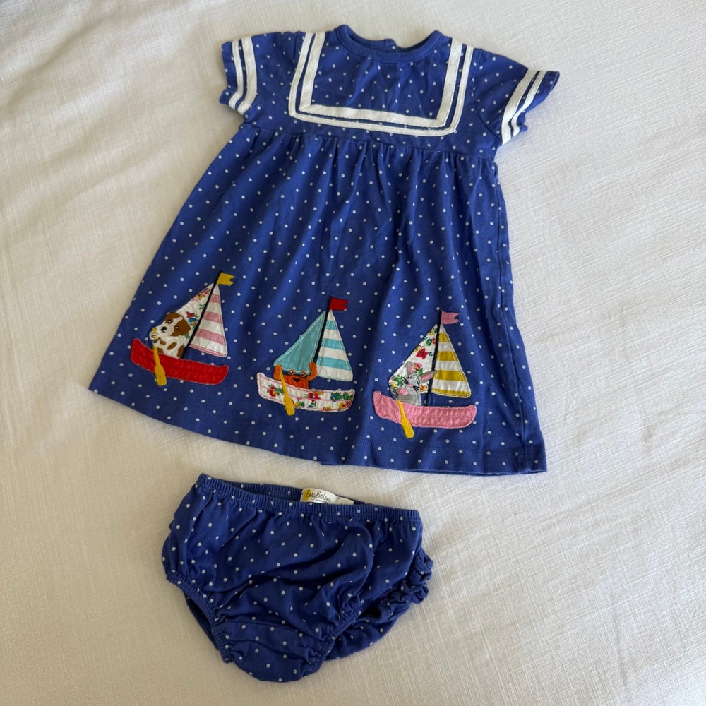 Baby Boden Blue Polka Dot Sailor Dress Sailboat Applique Bloomer Set 9-12M 80cm